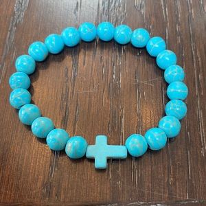 Turquoise Elastic Beaded Cross Charm Bracelet